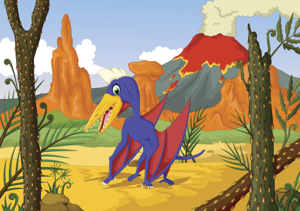 有趣的翼龙卡通与森林景观背景图片下载