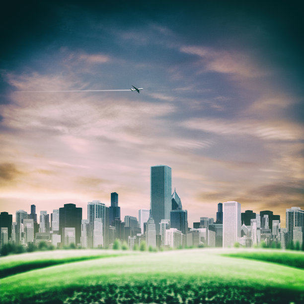 未来主义背景与现代城市建筑和飞行je图片下载