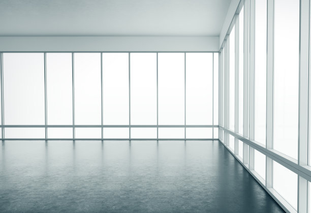简单的办公室内部有大窗户。三维渲染图片下载
