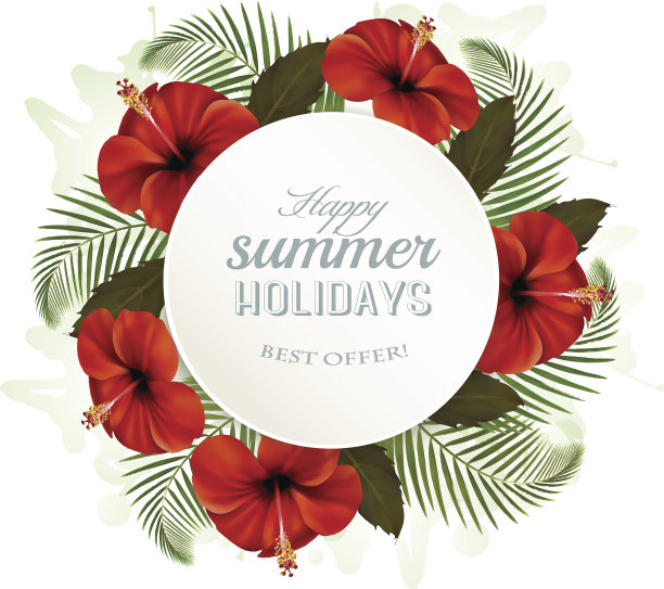 热带的树叶和鲜花打着夏日假日的横幅。Vecto图片下载
