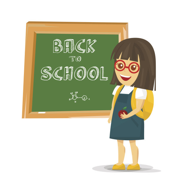 在黑板旁边背着书包的女学生。矢量插图。图片下载