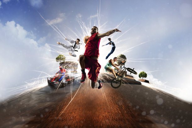 卡丁车、篮球、BMX、蹦床、空手道等综合运动拼贴素材图片