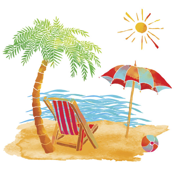 水彩画夏季海滩设置图片下载