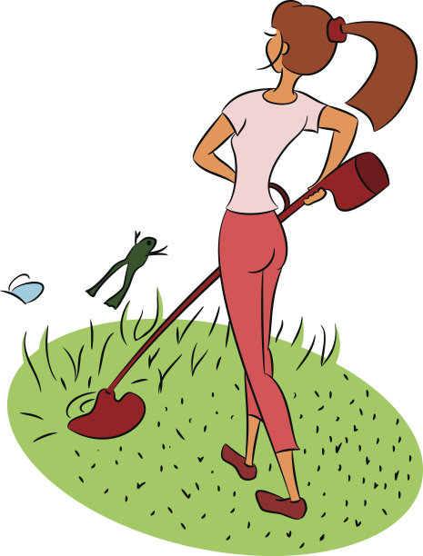 女孩在修剪草坪图片下载