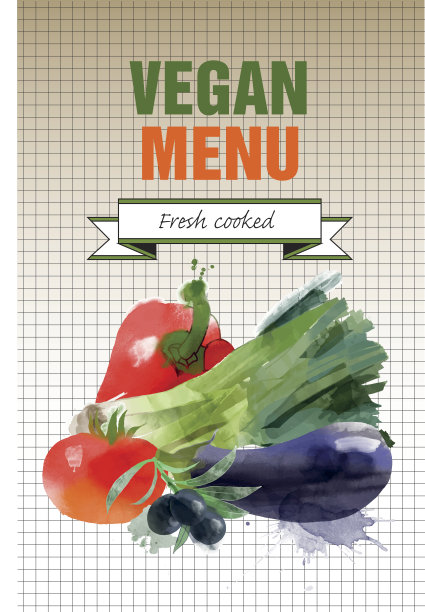 素食菜单。水彩向量背景茄子红辣椒番茄图片下载