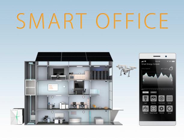 智能办公室和智能手机隔离在蓝色背景。(文本)图片下载