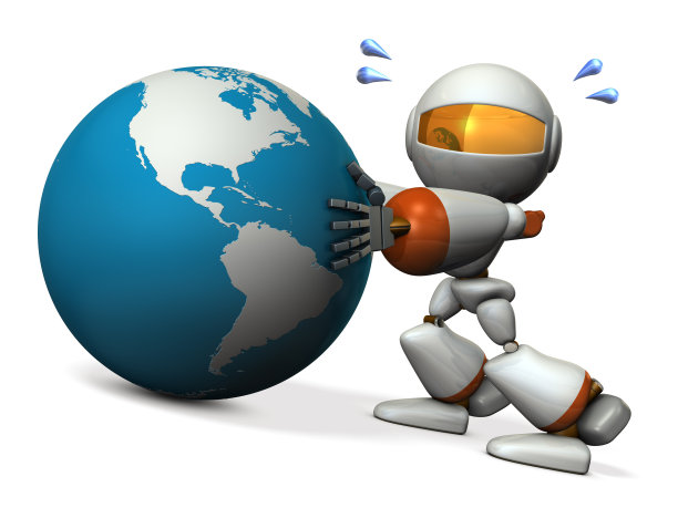 可爱的机器人保护地球。他会防止摔倒的。图片下载