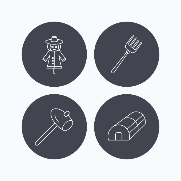 锤子，温室和稻草人的图标。图片下载