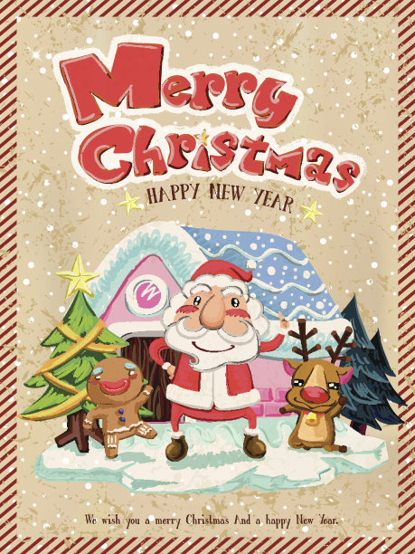 圣诞快乐主题素材：圣诞老人、麋鹿和姜饼人图片下载