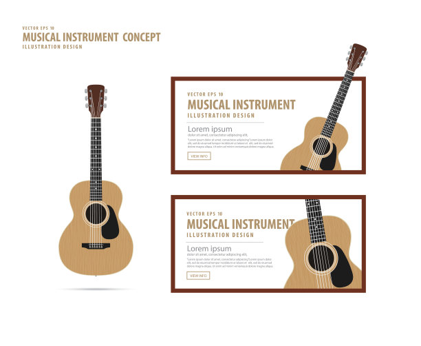吉他，乐器设计写实风格和旗帜布局矢量。图片下载
