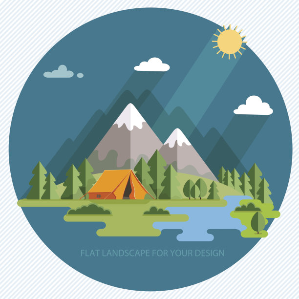 清晨的山景。徒步旅行和露营。平的插图图片下载