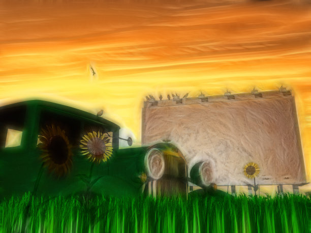 生锈的旧卡车和画着花的广告牌图片下载