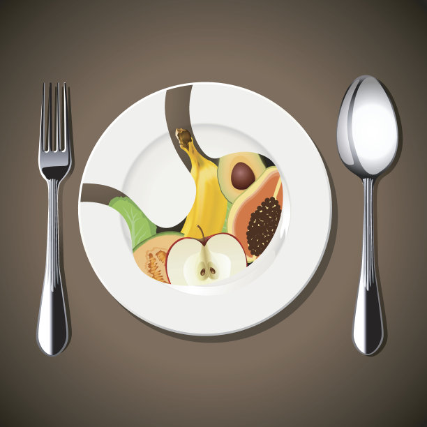 胃里的食物用勺子和叉子放在白色的盘子里图片下载