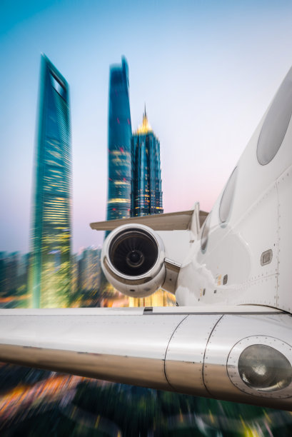 在城市上空飞行的飞机。垂直格式图片下载