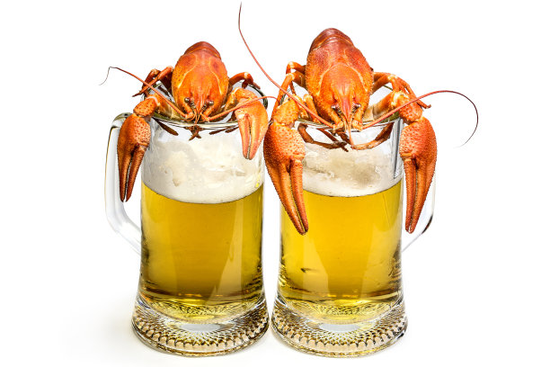 两杯啤酒上的红色煮龙虾图片下载