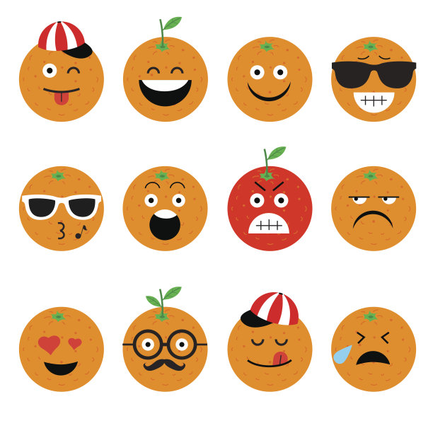 emojis。橙色。水果。夏天。白色背景上的表情。平面向量表情符号。集向量笑脸。字符的笑脸图片下载