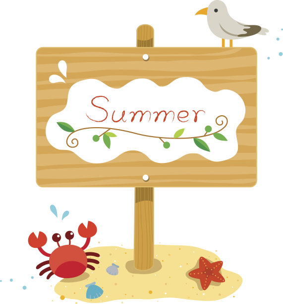 夏天的沙滩上有木招牌，有螃蟹、海星、海鸥图片下载