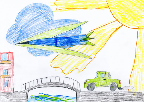 车在桥上和飞机上。孩子画画。图片下载