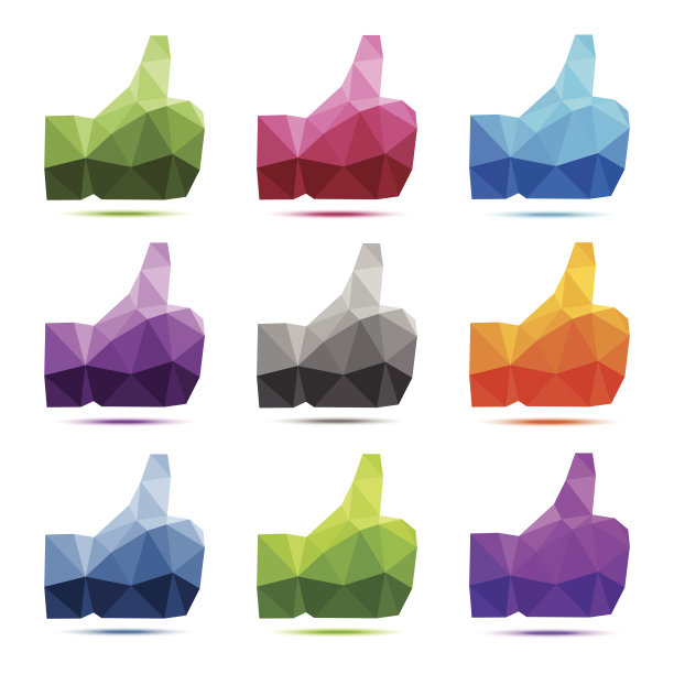 一套9明亮的彩色几何多边形拇指向上图标图片下载