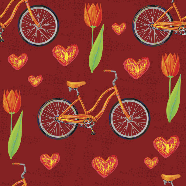 无缝图案与春天开花的植物郁金香，爱心和自行车图片下载