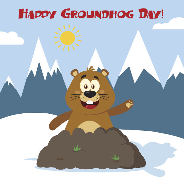 快乐的土拨鼠卡通吉祥物人物在土拨鼠日挥舞。插图平面设计与背景和文字图片下载