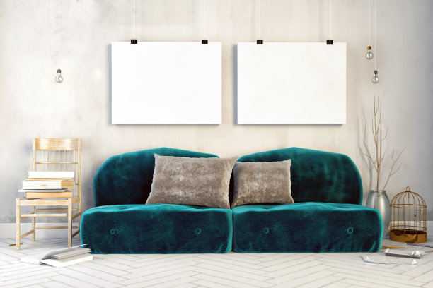 3d插图，室内绿色丝绒沙发。图片下载