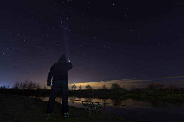 渔夫在星夜，指向猎户座猎人星座图片下载