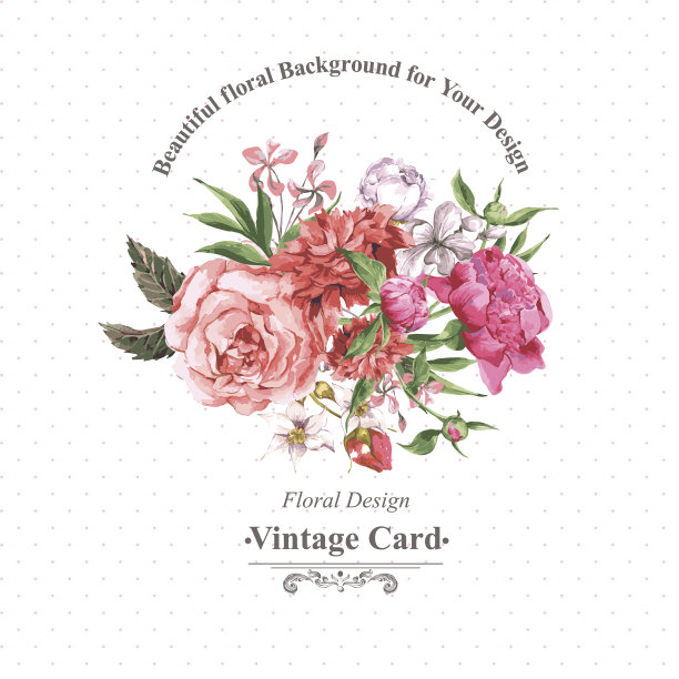 复古水彩贺卡与盛开的鲜花。玫瑰、野花和图片下载