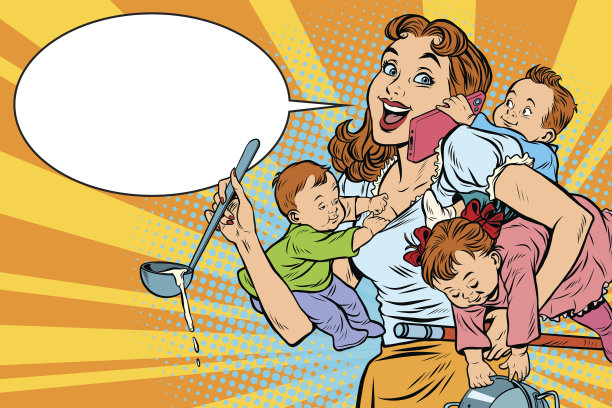 有三个孩子在工作的快乐母亲素材图片