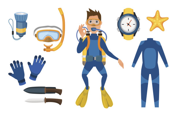 鱼叉捕鱼潜水设备矢量集图片下载