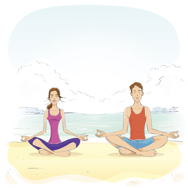 一对夫妇坐在瑜伽莲花姿势的男人和女人图片下载