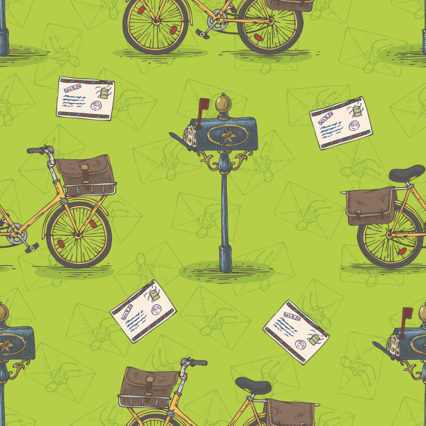 无缝模式与自行车，信封，邮箱和信件图片下载