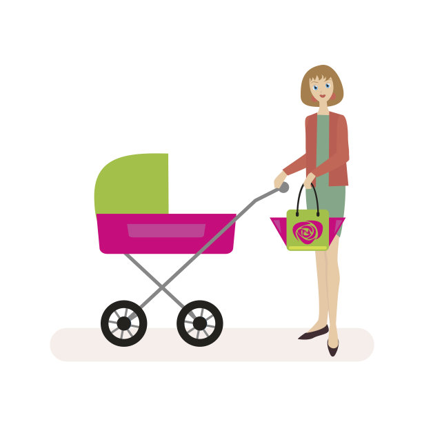 妈妈和婴儿车里的孩子一起走。在白色背景上孤立的扁平字符。向量,EPS10插图。图片下载