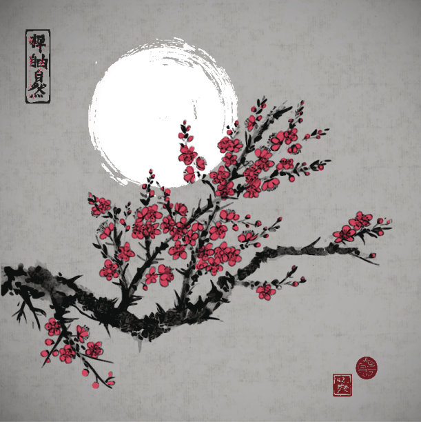 樱花和月亮盛开的东方樱花树素材图片