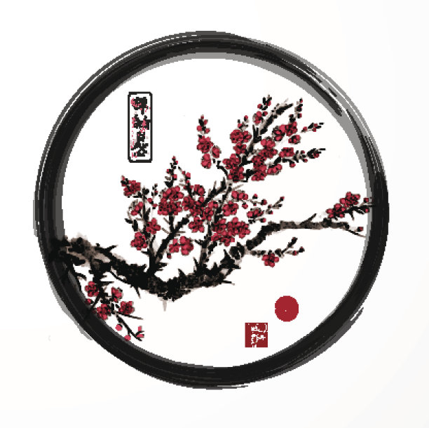 东方樱花盛开在黑色的樱花禅宗圈里素材图片