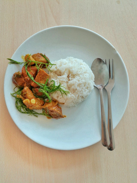 米饭和麻辣蔬菜软骨。泰国菜配白碟。图片下载