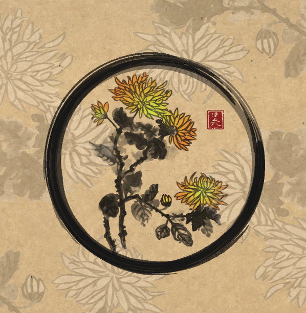 菊花在vintage背景上。传统东方水墨画素材图片