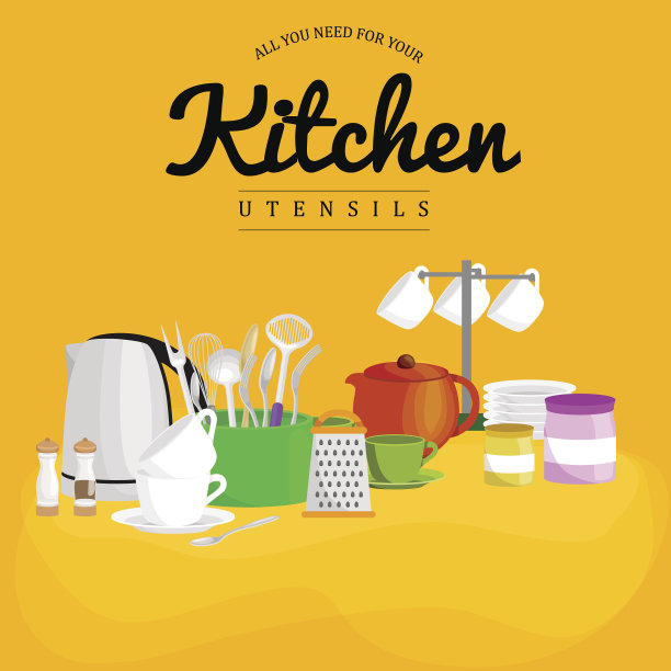 厨具图标向量集。卡通厨房用具收集匙壶图片下载