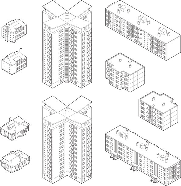 黑白等距住宅建筑图片下载