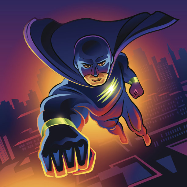 超级英雄飞过夜晚的城市。素材图片