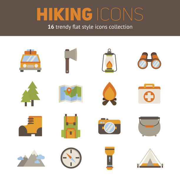 一套徒步旅行的图标在现代风格图片下载