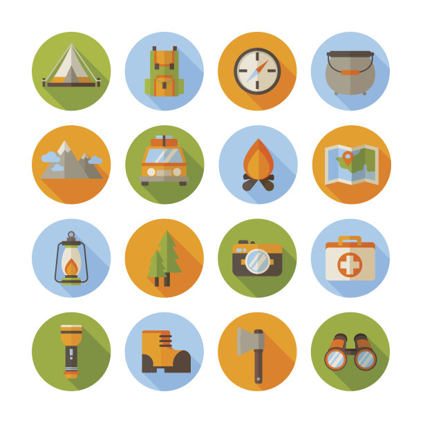 一套徒步旅行的图标在现代风格图片下载
