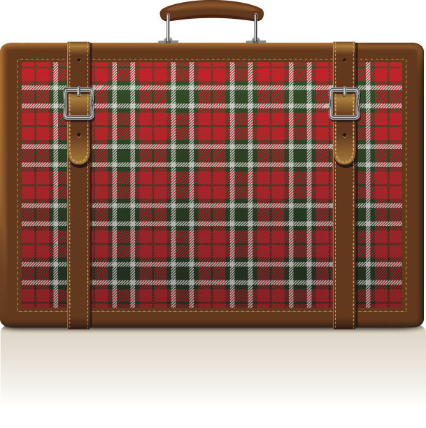 复古的棕色破旧手提箱与格子花纹装饰孤立的白色图片下载