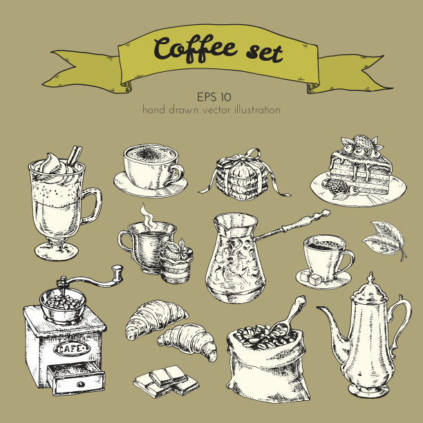 矢量复古插图手绘。设置不同类型的咖啡图片下载