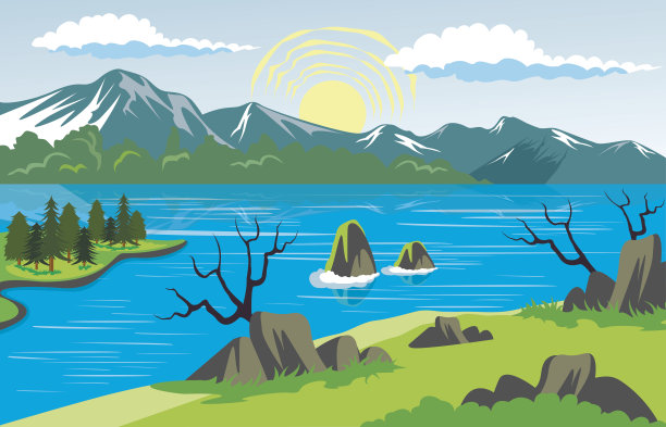 美丽的风景以湖和山为背景图片下载