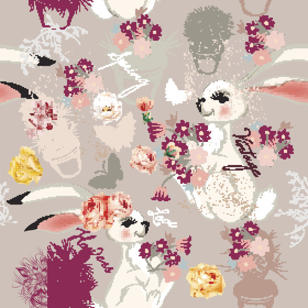 时尚无缝矢量背景与手绘兔子或ha图片下载