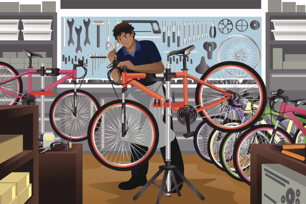 自行车修理工在他的店里修理自行车图片下载