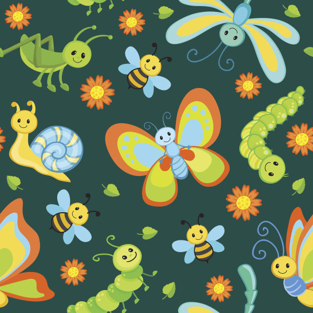 可爱的无缝图案与卡通快乐的昆虫。图片下载