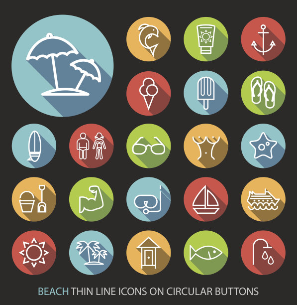 海滩图标与黑色背景上的按钮。图片下载