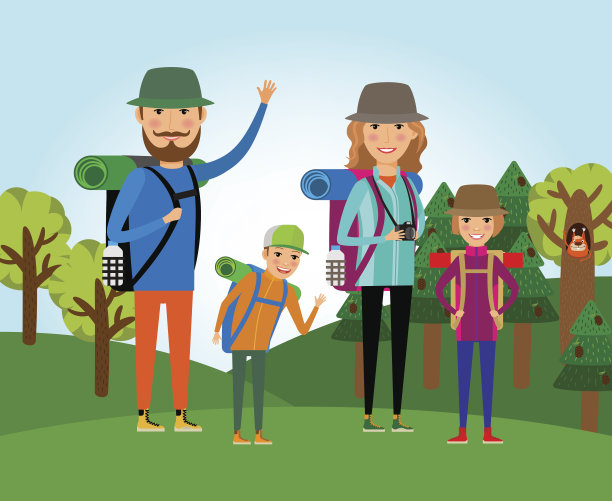 自然旅游。家庭在森林插图图片下载